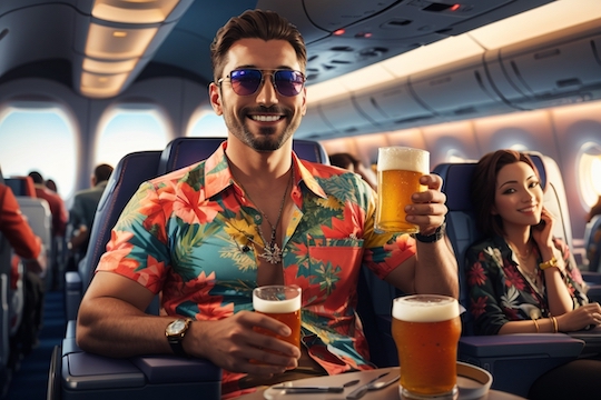 man drinking and enjoying his beer on the airplane