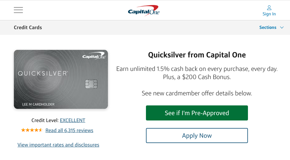 Screenshot of No Annual Fee QuickSilver credit card