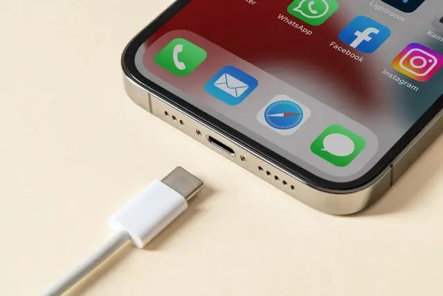 Apple iPhone 15 with USB image of usb cable connection
