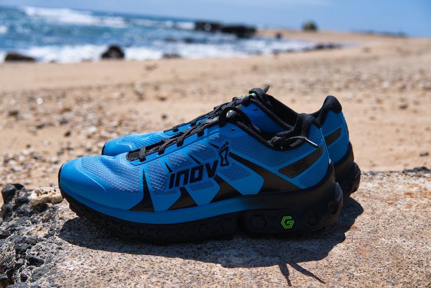 Inov-8 trailfly ultra 300 side view travel shoes on the beach