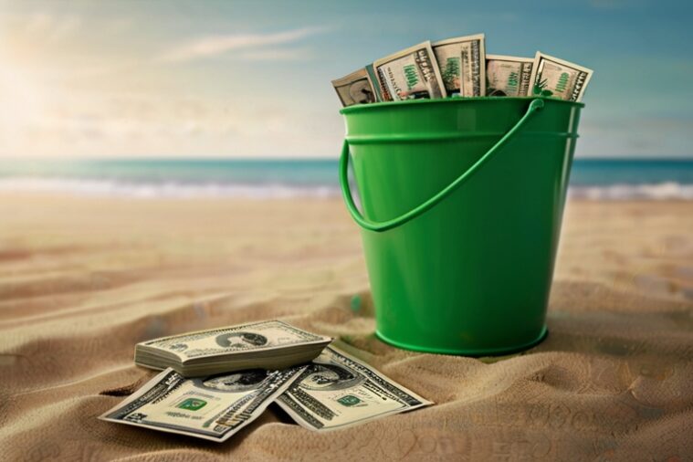 Bucket full of cash represent Financial Freedom