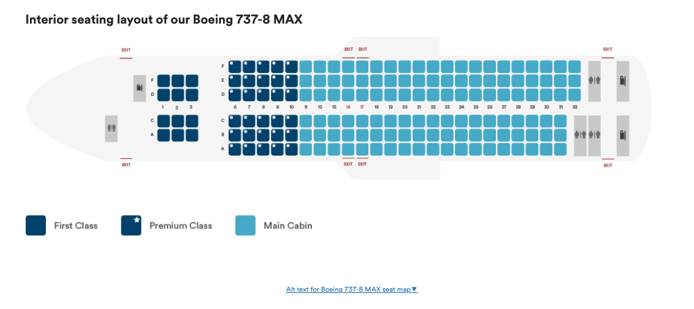 Alaska Airlines Boeing 737 MAX seating arrangement.