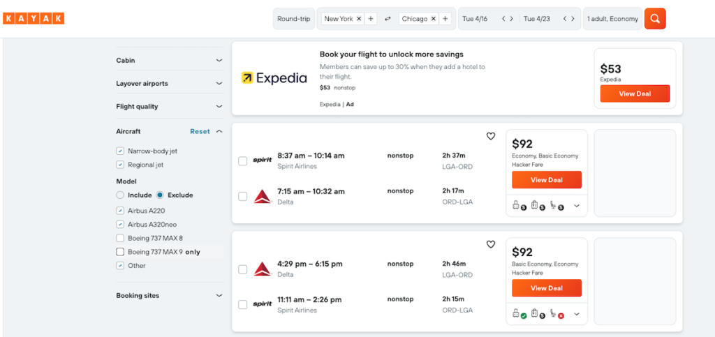 Kayak let you select aircraft type